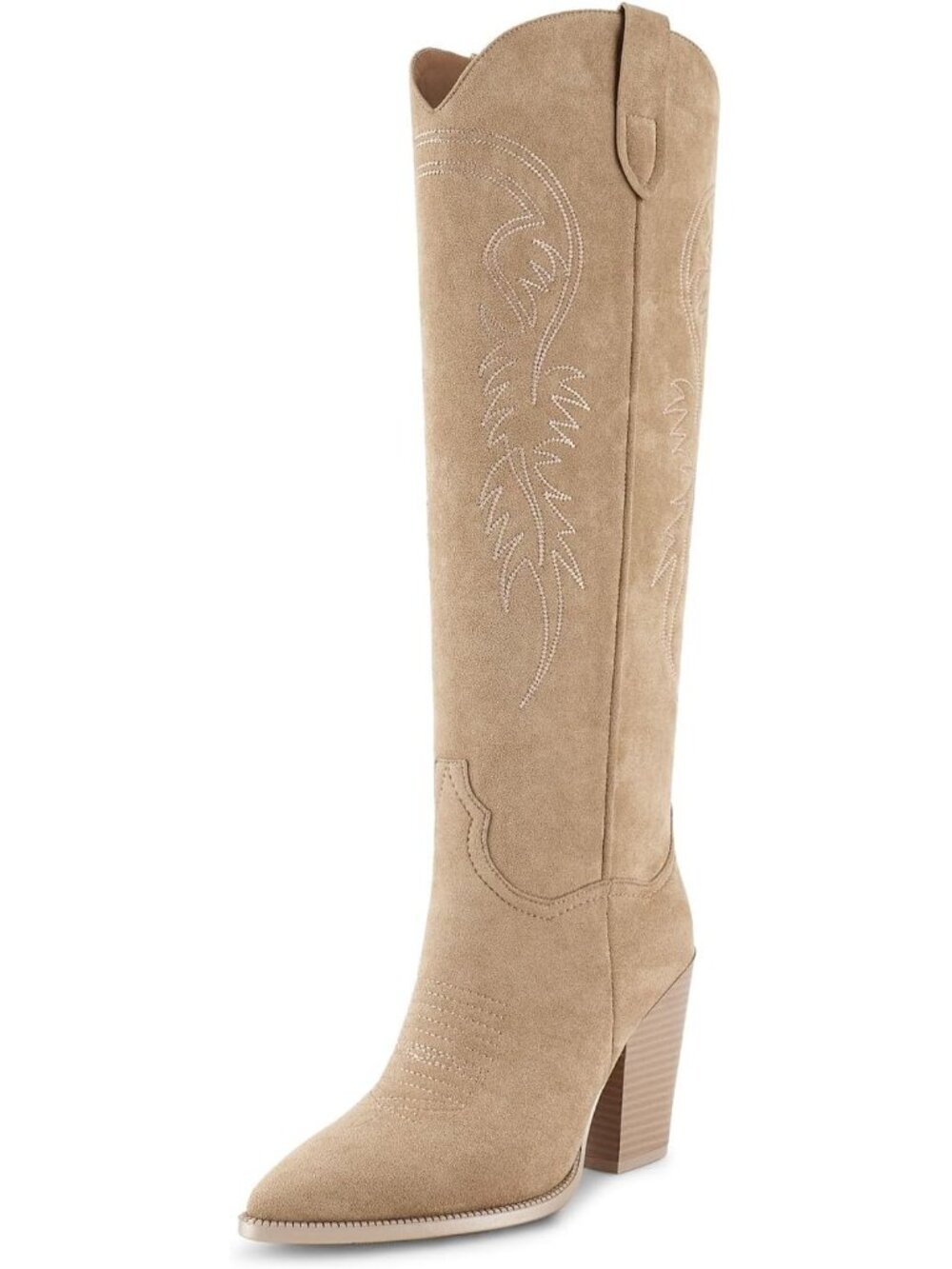 Women's Nude Faux Suede Chunky Heel Side Zipper Pointed Toe Classic Cowgirl Boot